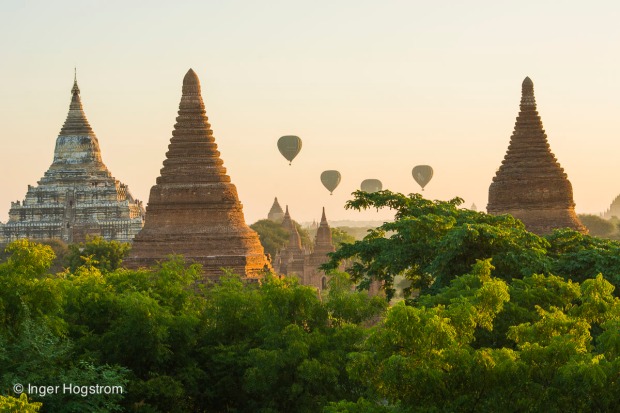 Balloons at sunrise over Bagan, Myanmar.